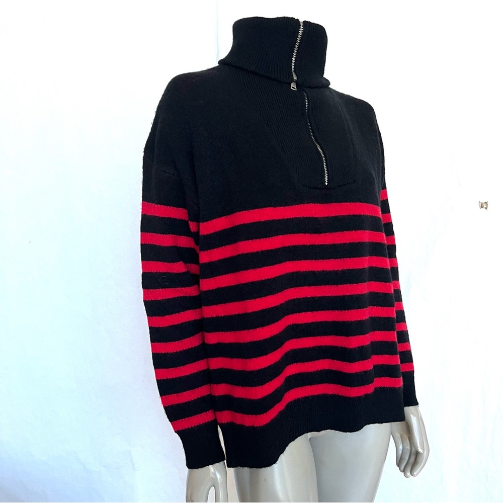 Women’s Loose High Neck Striped Drop Shoulder Knit Turtleneck Sweater - Picture 6 of 12
